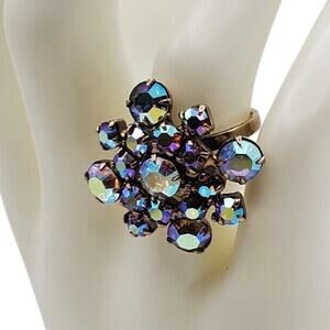 Pastel AB Rhinestone Cocktail Ring Adjustable Vintage 80s Showy Chunky Statement